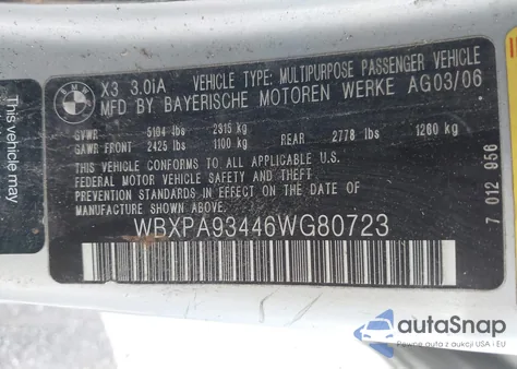 2006 BMW X3 3.0I z USA, uszkodzony, nr VIN WBXPA93446WG80723